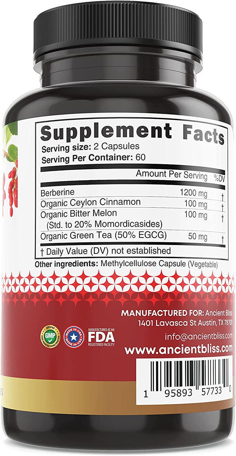 Ancient Bliss Berberine HCL 1200Mg with Ceylon Cinnamon, Bitter Melon, Green Tea Extract - 120 Capsules - Supports Immune System