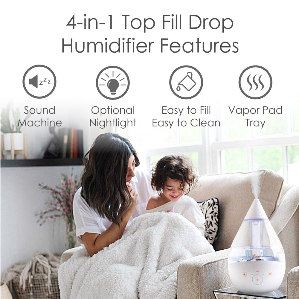 Crane USA Top Fill Drop 1 Gallon Ultrasonic Cool Mist Humidifier with Sound Machine and Optional Nightlight, White