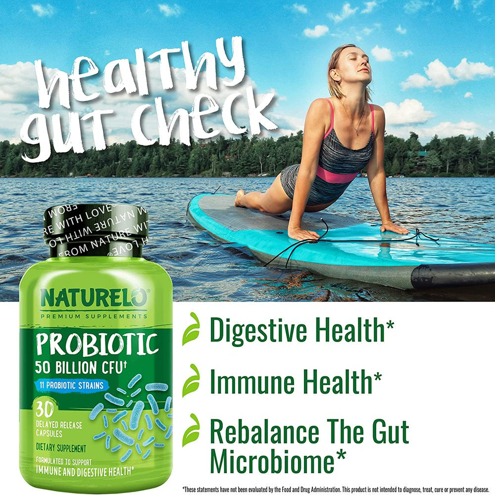 NATURELO Probiotic Supplement - 50 Billion CFU - 11 Strains - One Daily - Helps Support Digestive & Immune Health - Delayed Release - No Refrigeration Needed - 30 Vegan Capsules