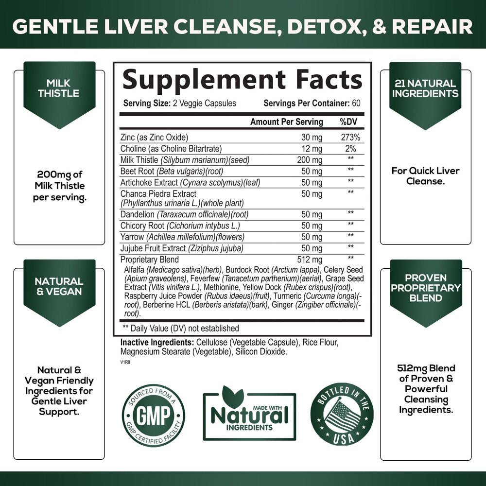 Gentle Liver Cleanse Detox & Repair Formula - Herbal Liver Support Supplement: Milk Thistle with Silymarin, Artichoke Extract, Dandelion, Beet, Chicory Root, & Turmeric for Liver Health - 120 Capsules