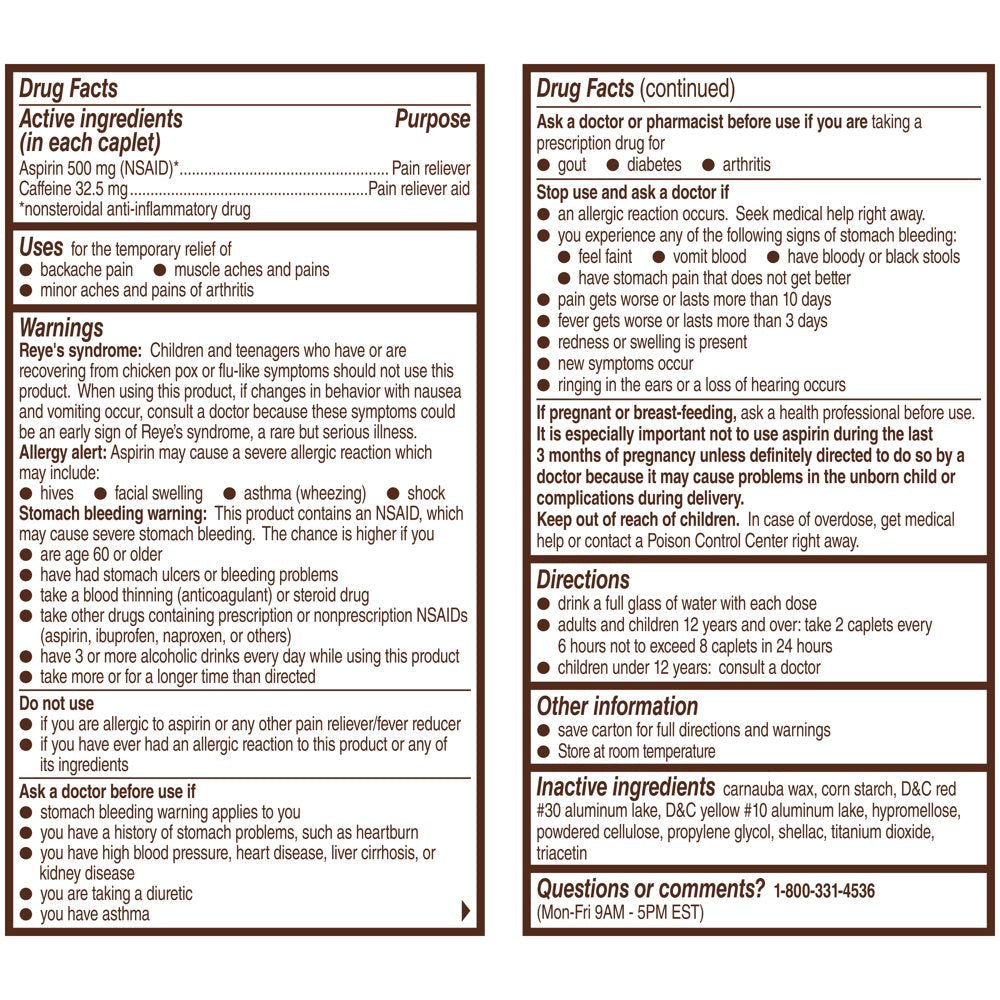 Bayer Back & Body Extra Strength Pain Reliever Aspirin W Caffeine, 500Mg Coated Tablets, 100 Count