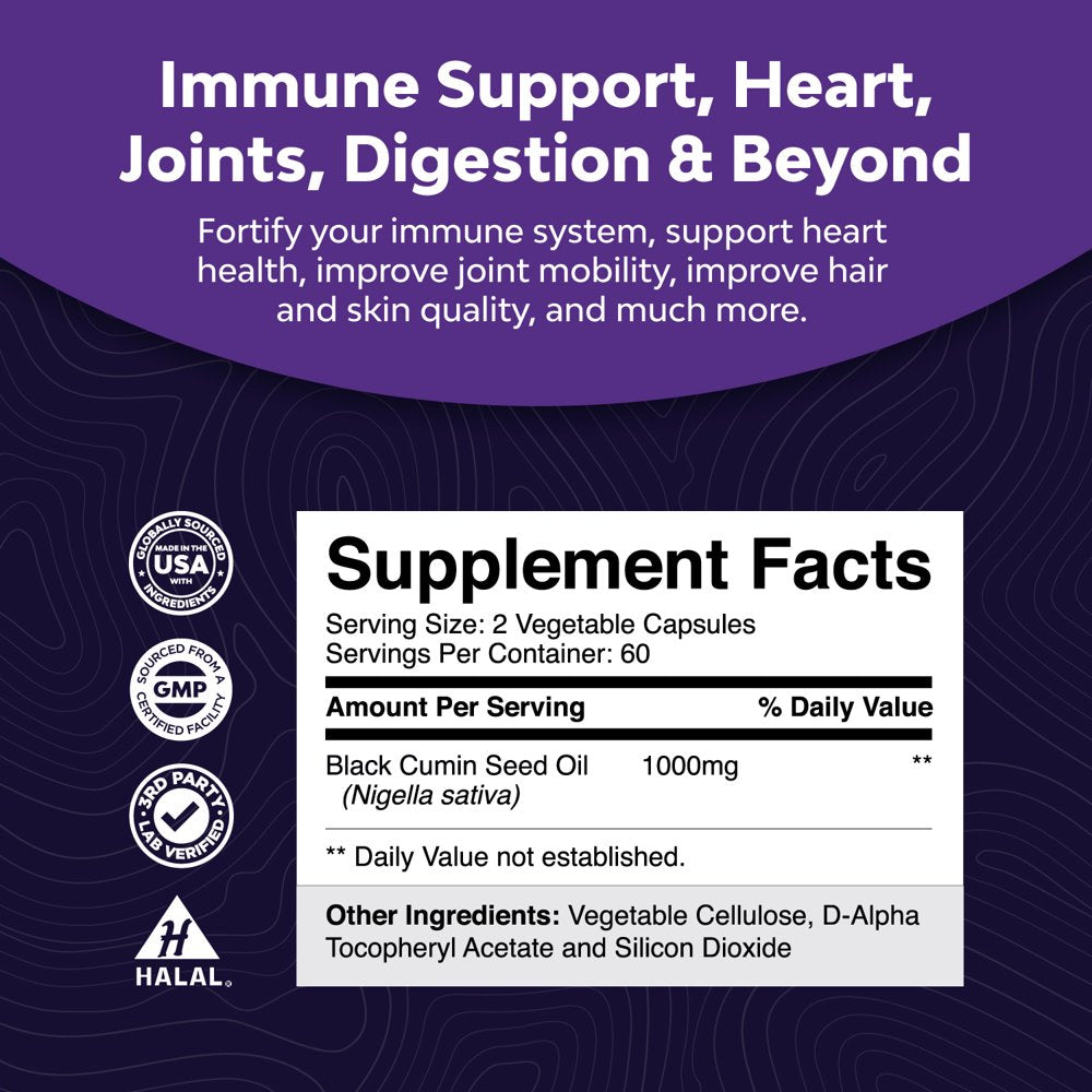 Cold Pressed Black Seed Oil Capsules - Vegan Nigella Sativa Black Cumin Seed Oil Capsules with Omega 3 6 9 Antioxidants and Thymoquinone for Hair Growth Immune Support Joint Health and Digestion