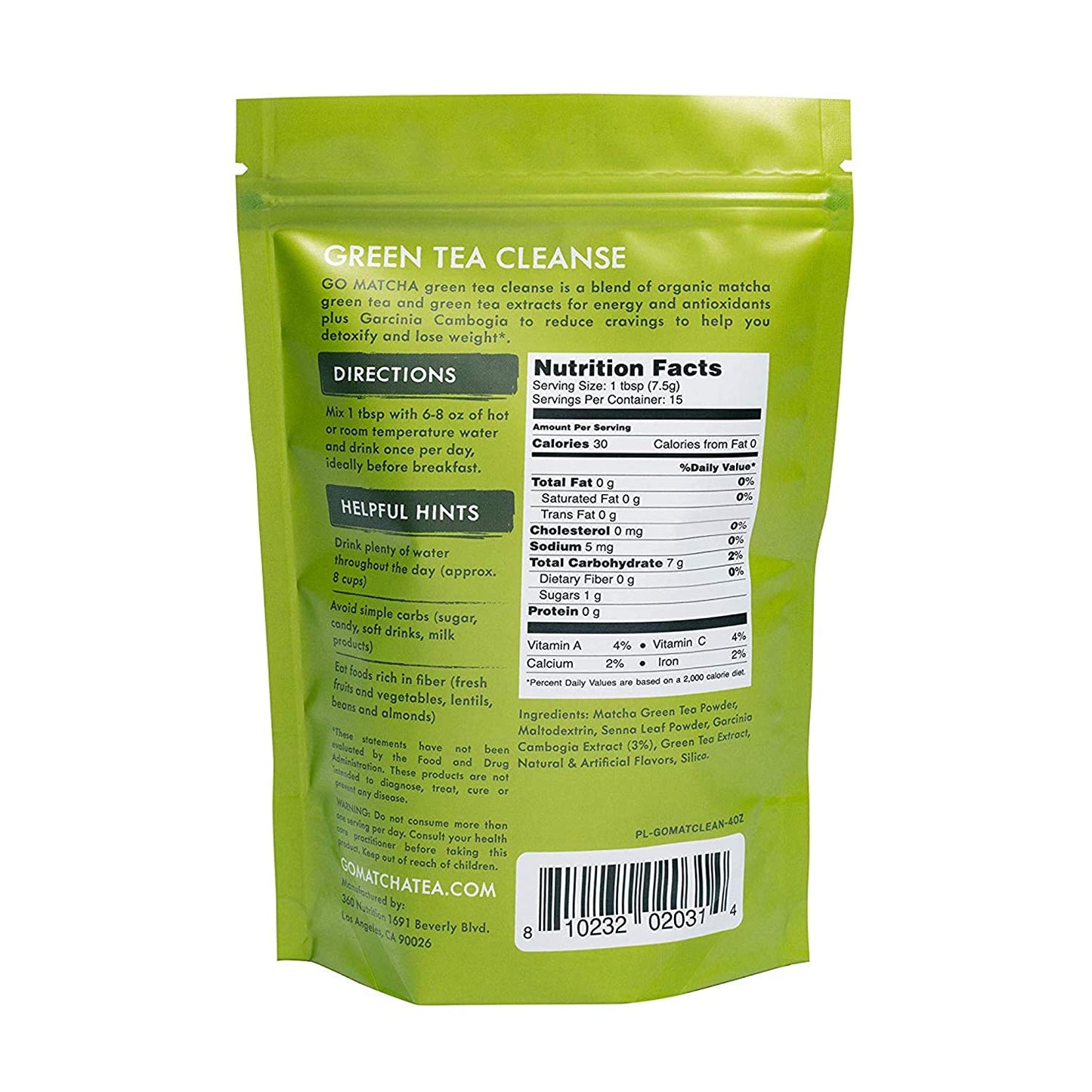 360 Nutrition Green Tea Detox Cleanse | 15 Servings | Weight Loss, Senna Leaf and Garcinia Cambogia Powder