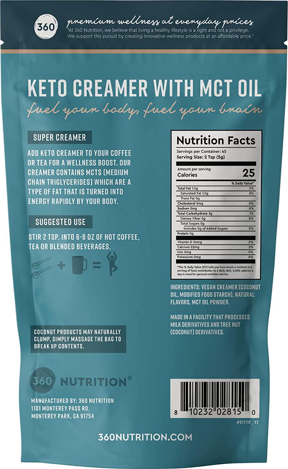360 Nutrition Keto Creamer with MCT Oil | Unsweetened | Dairy Free Coffee Creamer Milk Substitute | Weight Loss, Energy, Fat Loss