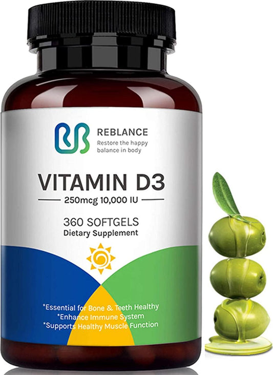 360 Softgels Vitamin D3 10,000 IU with Organic Olive Oil for Immune Support, Healthy Muscle, Bone and Teeth Health
