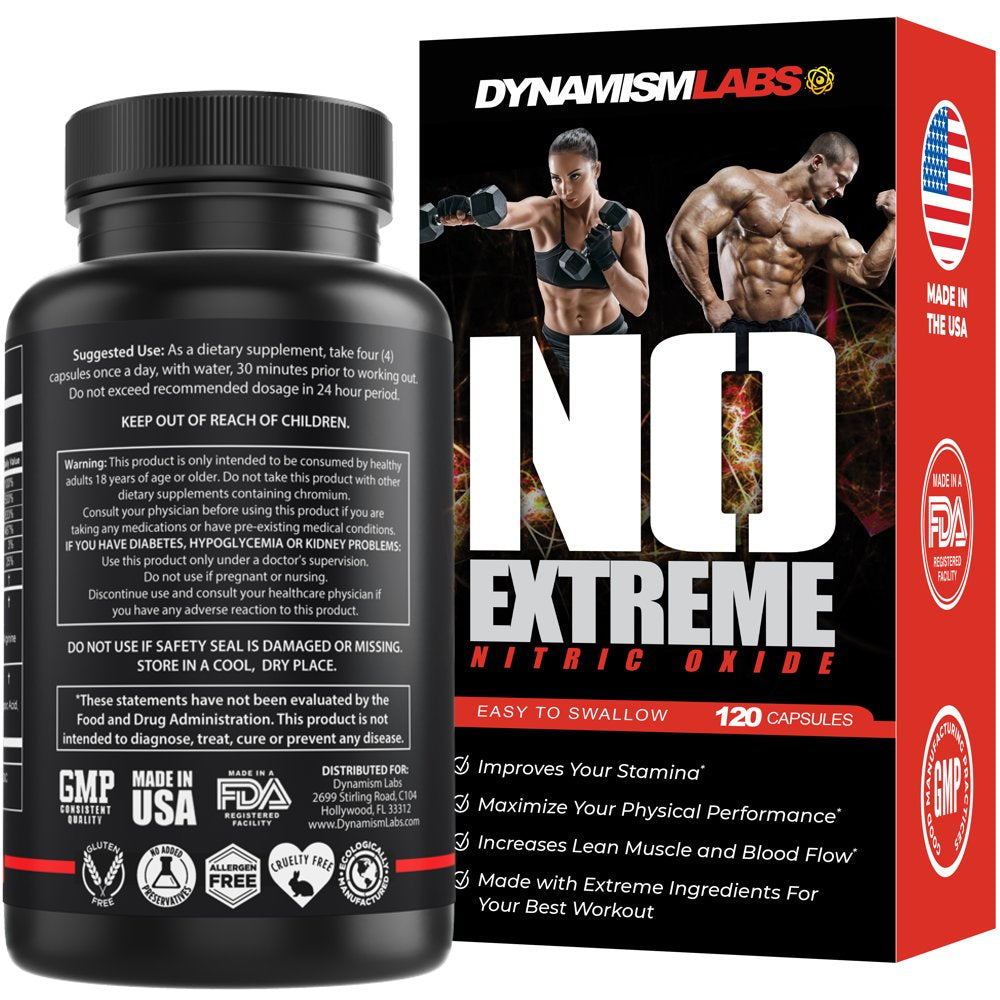 Dynamism Labs NO Extreme - Nitric Oxide Booster, Increased Blood Flow, Improve Your Workouts, Niacin, Vitamin B6, Vitamin B12, A-AKG, OKG, GKG, A-KIC, Zinc, 120Ct