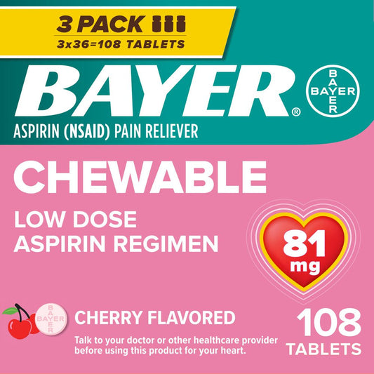 Bayer Chewable Aspirin Regimen Low Dose Pain Reliever Tablets, 81Mg, Cherry, 108 Count