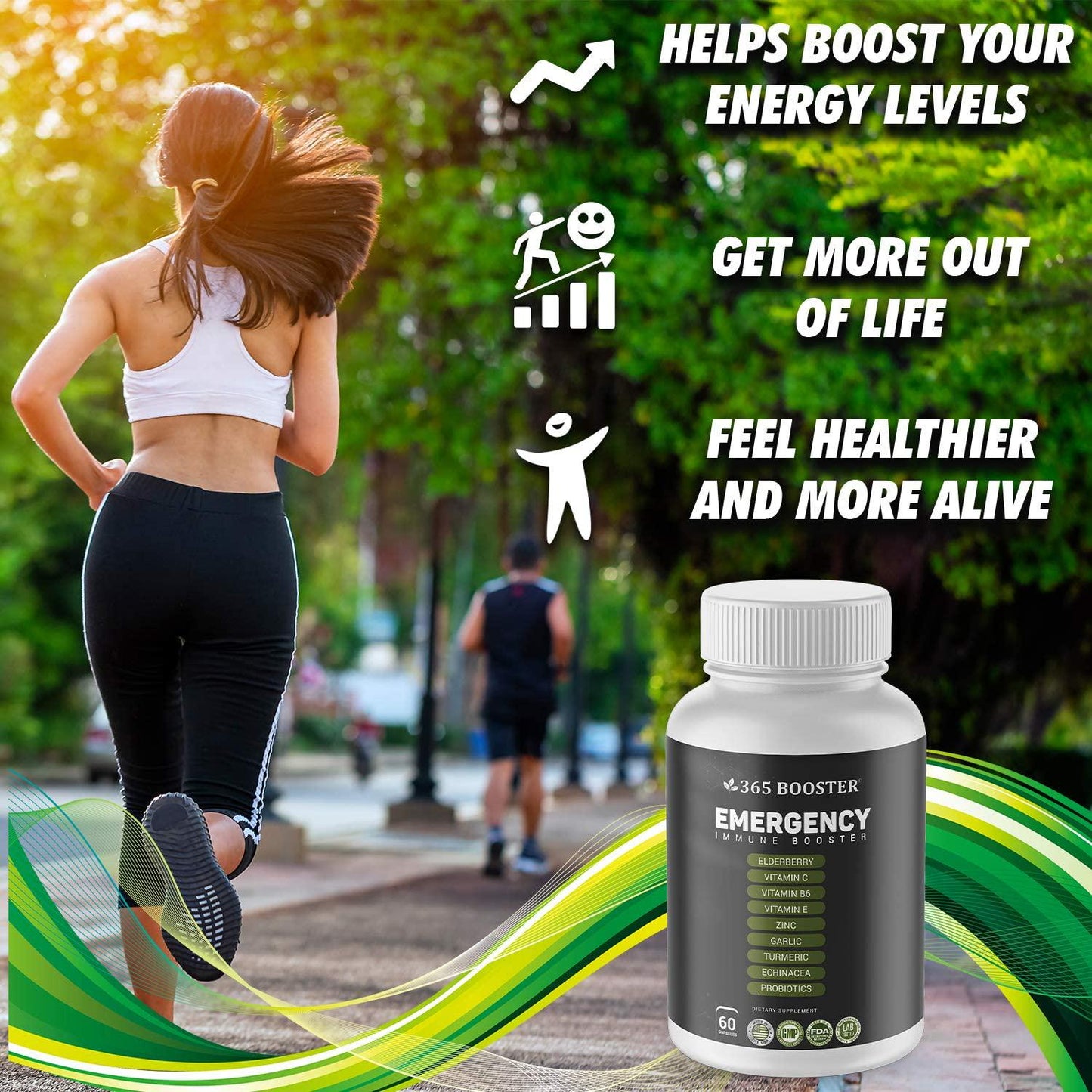 365 Boosters Immune Daily Defense Immunity Supplement, Elderberry, Vitamin C, E, B6, Zinc, Garlic, Echinacea, Turmeric and Probiotics