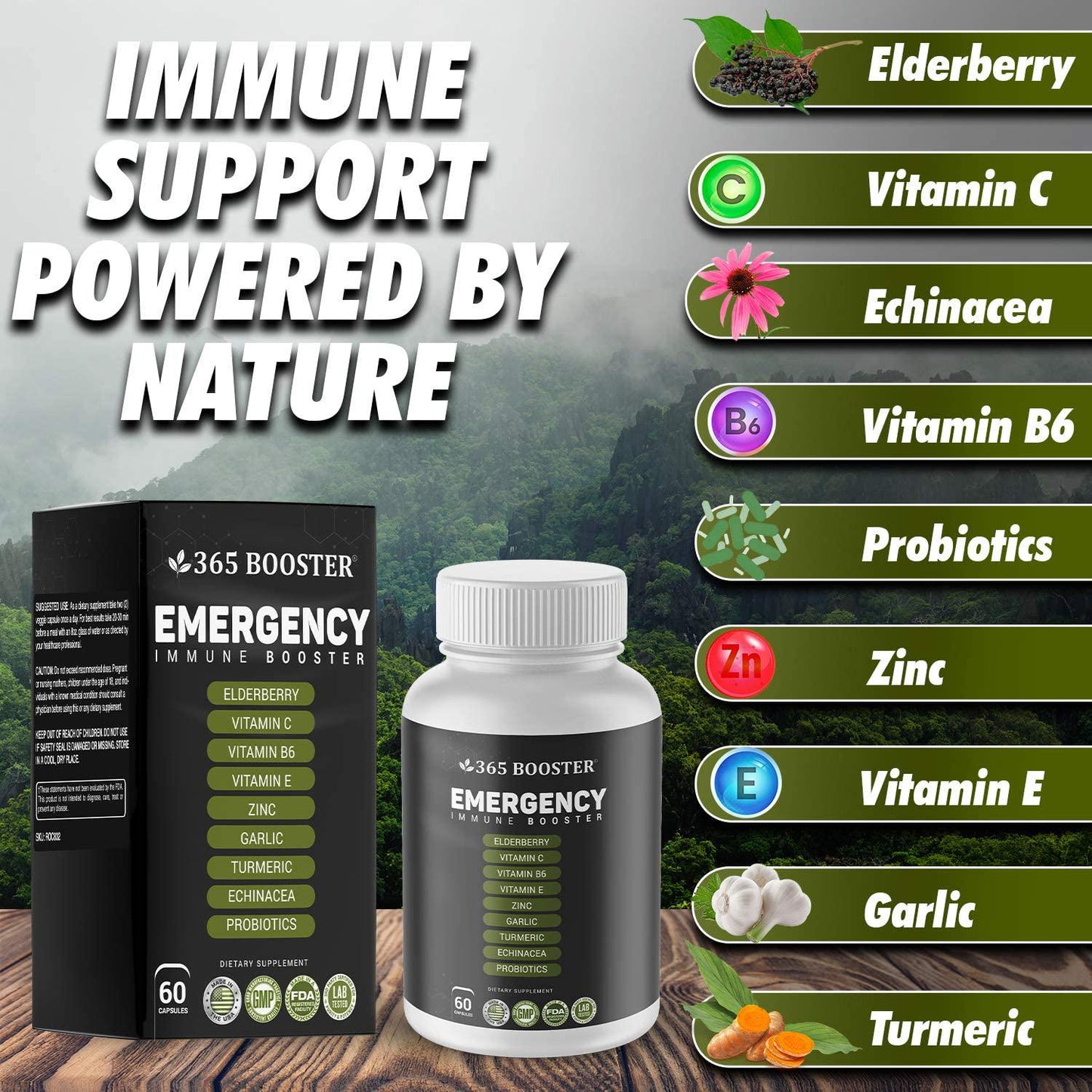 365 Boosters Immune Daily Defense Immunity Supplement, Elderberry, Vitamin C, E, B6, Zinc, Garlic, Echinacea, Turmeric and Probiotics