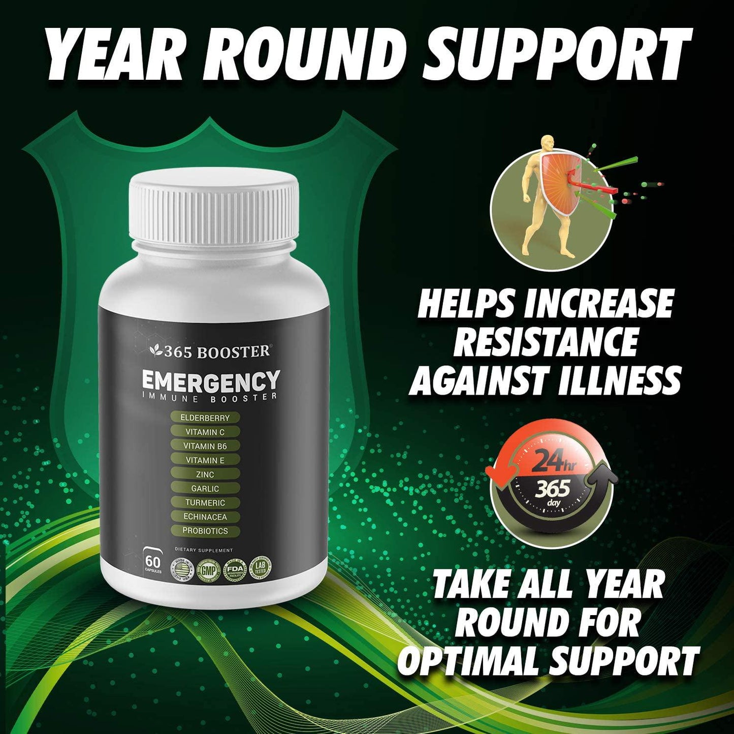 365 Boosters Immune Daily Defense Immunity Supplement, Elderberry, Vitamin C, E, B6, Zinc, Garlic, Echinacea, Turmeric and Probiotics