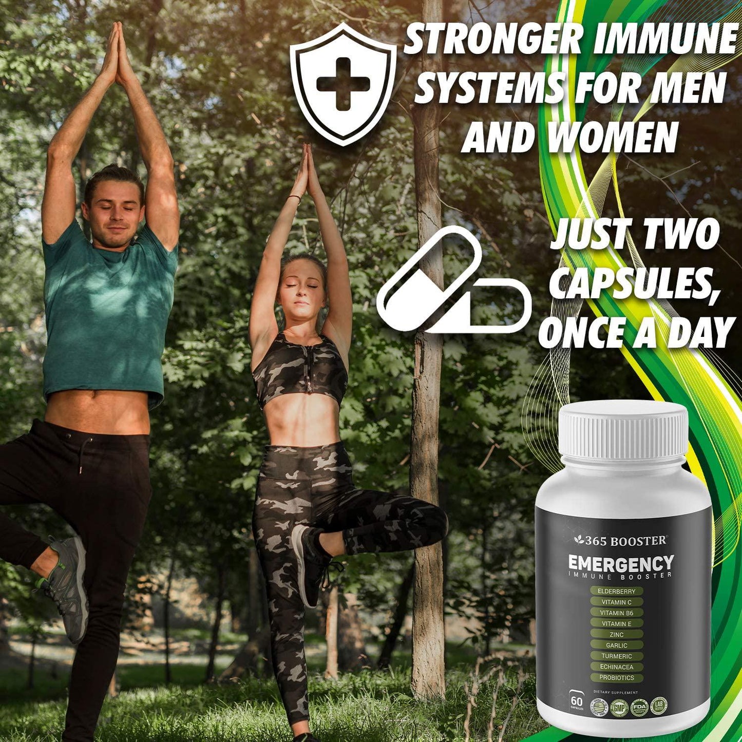 365 Boosters Immune Daily Defense Immunity Supplement, Elderberry, Vitamin C, E, B6, Zinc, Garlic, Echinacea, Turmeric and Probiotics