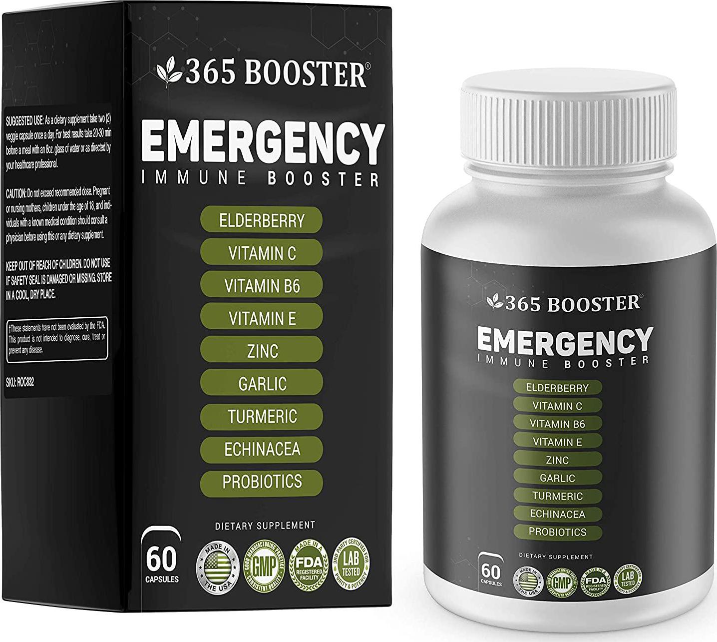 365 Boosters Immune Daily Defense Immunity Supplement, Elderberry, Vitamin C, E, B6, Zinc, Garlic, Echinacea, Turmeric and Probiotics