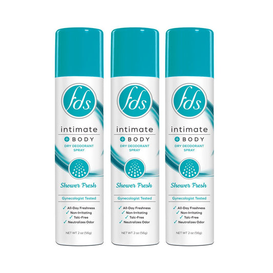 FDS Intimate + Body Dry Feminine Deodorant Spray, Shower Fresh, 3 Pack