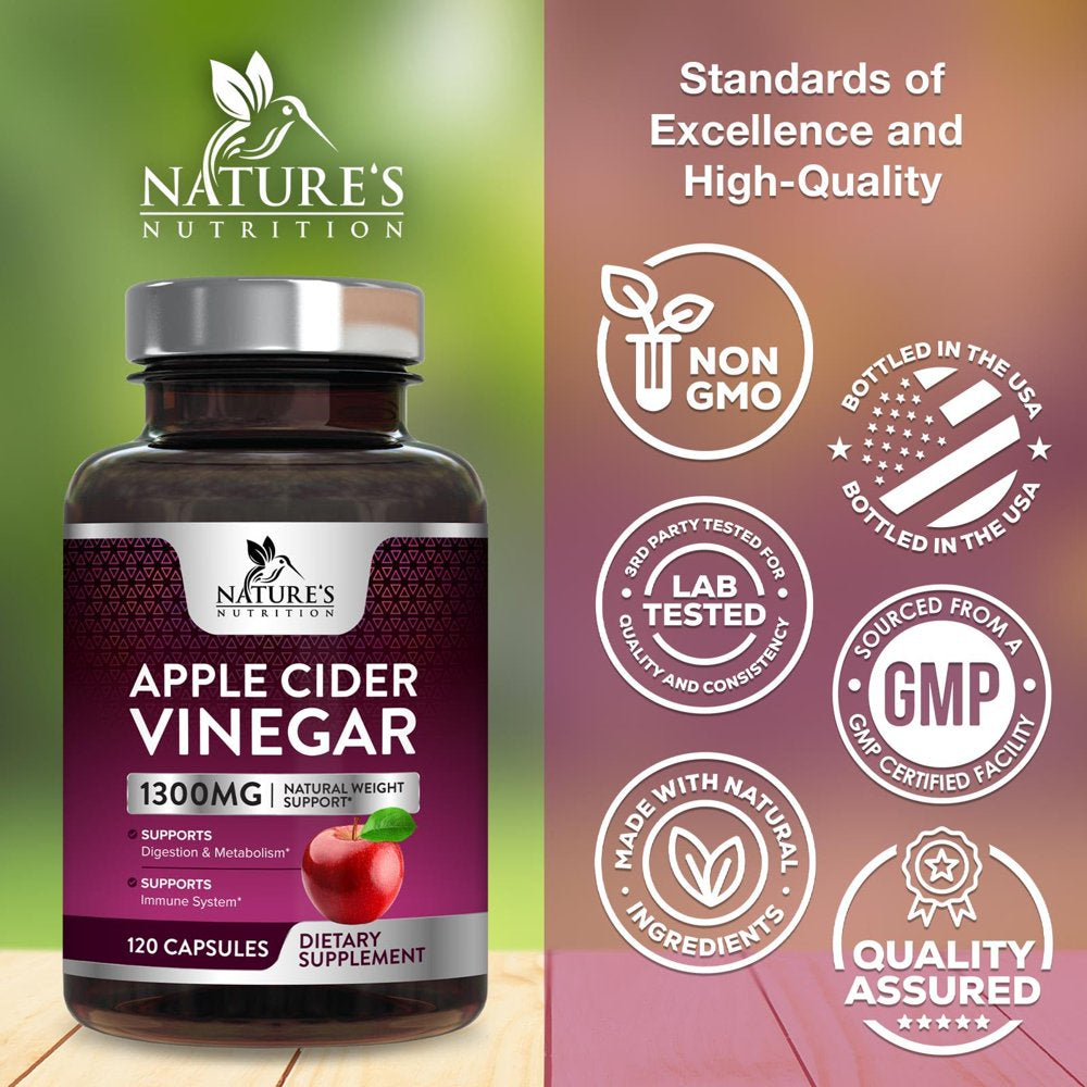 Apple Cider Vinegar Capsules for Detox and Cleanse, Digestion, and Immune Support, - 1300 Mg per Serving Premium ACV Pills - Gluten Free, Keto Friendly, Non-Gmo Supplement - 120 Capsules