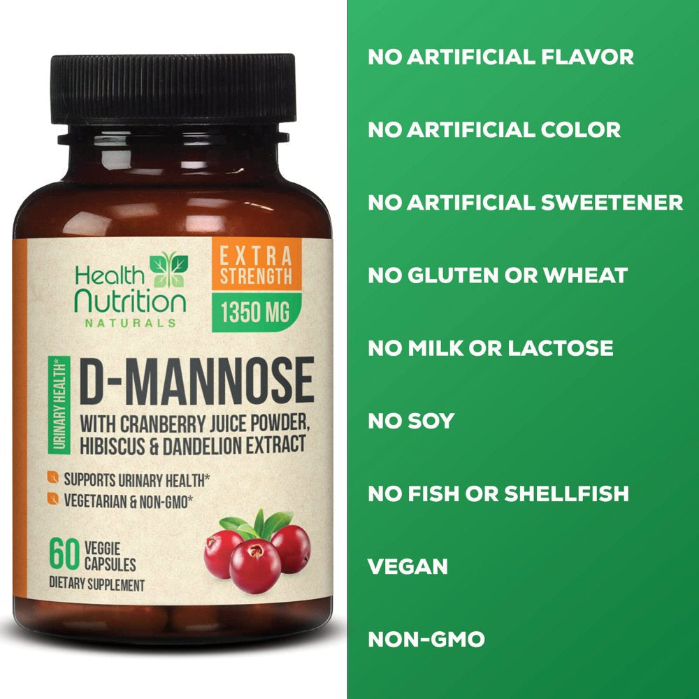 D-Mannose with Cranberry Extract 1350 Mg Complex - Fast-Acting Urinary Tract Health Support, Natural Non-Gmo & Vegan Capsules, Flush Impurities, Extra Strength Dmannose for Women & Men - 60 Capsules