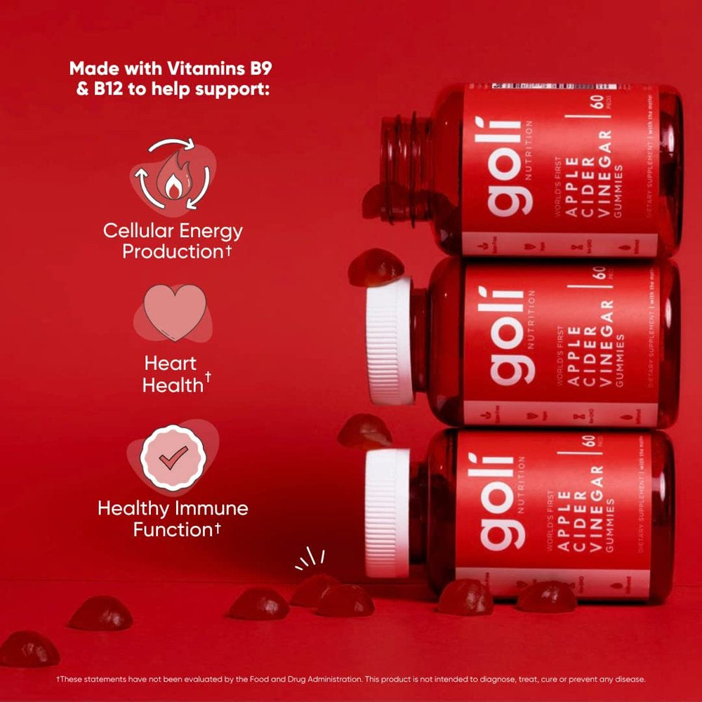 Goli Nutrition Apple Cider Vinegar Gummies, with Apple Cider Vinegar Powder, 60 Count