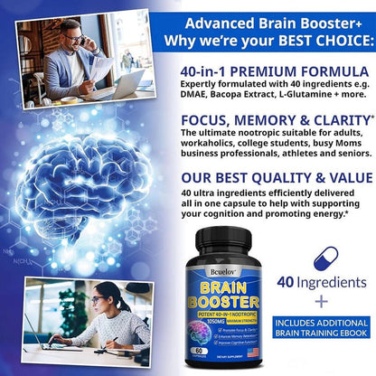 Bcuelov 40 in 1 Brain Supplement Capsules, Advanced Vitamins for Men and Women, Nootropic Support for Cognitive Function, Brain Health Formula