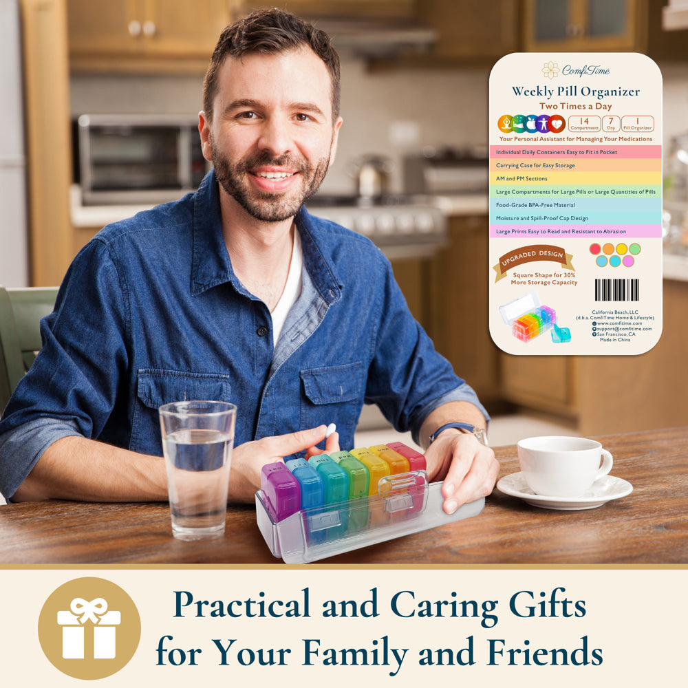 Comfitime Pill Organizer – Weekly Medicine Organizer, 2 Times a Day, Travel Pill Box with AM/PM Daily Pill Containers, 7 Day Pill Case Holder for Medication & Vitamin Supplement, Pill Dispenser/Sorter