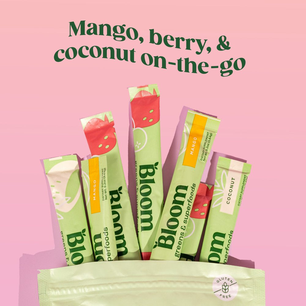 Bloom Nutrition Greens & Superfoods Powder Sticks, Mango, Berry, and Coconut, 12 Count