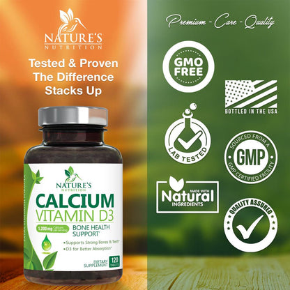 Calcium 1200 Mg plus Vitamin D3, Bone Health & Immune Support - Nature'S Calcium Supplement with Extra Strength Vitamin D for Extra Strength Carbonate Absorption Dietary Supplement - 120 Tablets