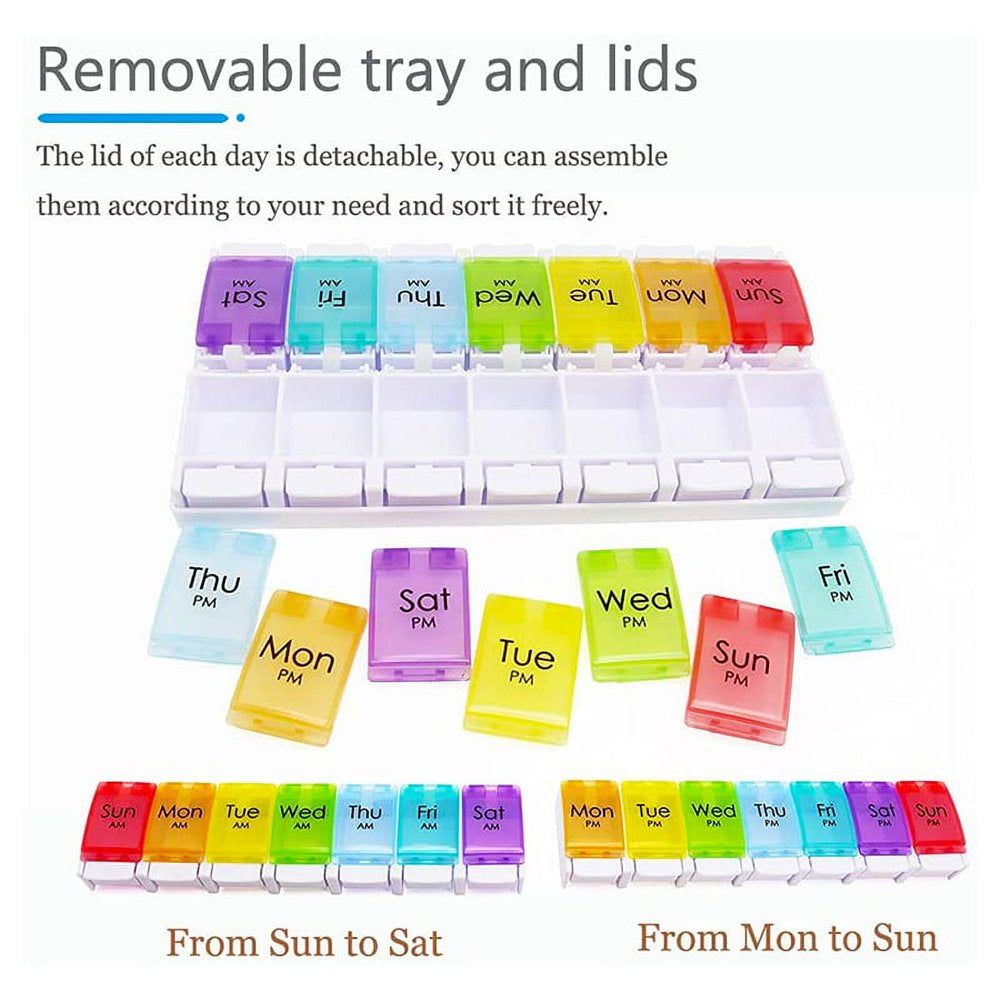 AM/PM Weekly 7 Day Pill Organizer Large Daily Pill Cases Box with Easy Push Button Design for Pills Vitamin Fish Oil Supplements Organizers,Colorful