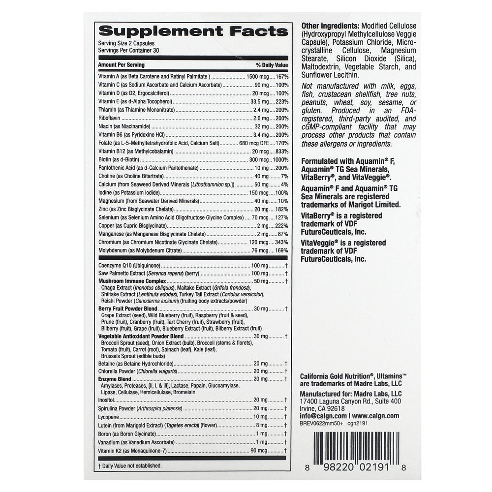 California Gold Nutrition Ultamins Men'S 50+ Multivitamin with Coq10, Mushrooms, Enzymes, Veggies & Berries, 60 Veggie Capsules