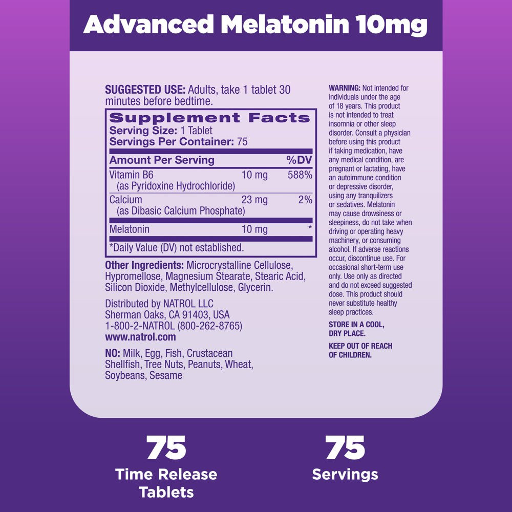 Natrol Melatonin Advanced Sleep Aid Time Release Tablets, Drug-Free, 10Mg, 75 Count