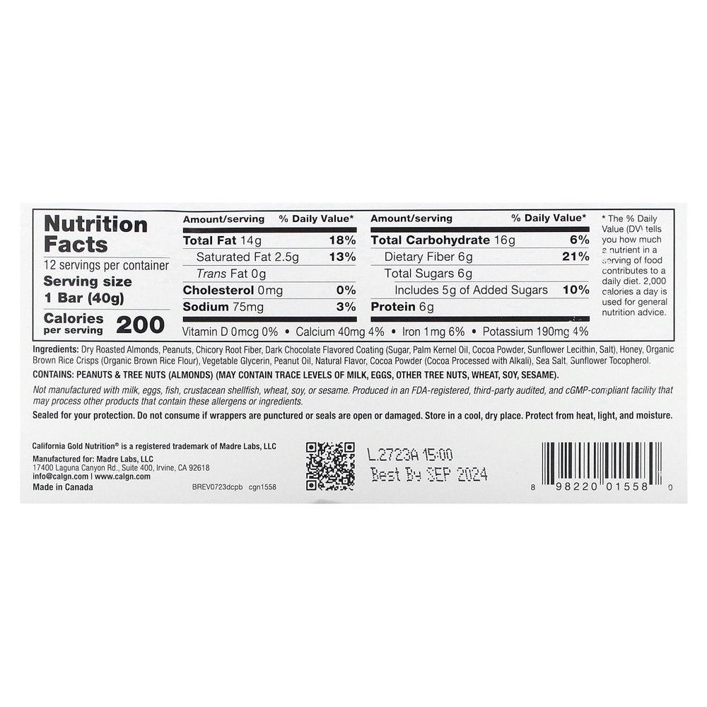 California Gold Nutrition FOODS, Double Chocolate Peanut Butter Flavor Bars, 12 Bars, 1.4 Oz (40 G) Each