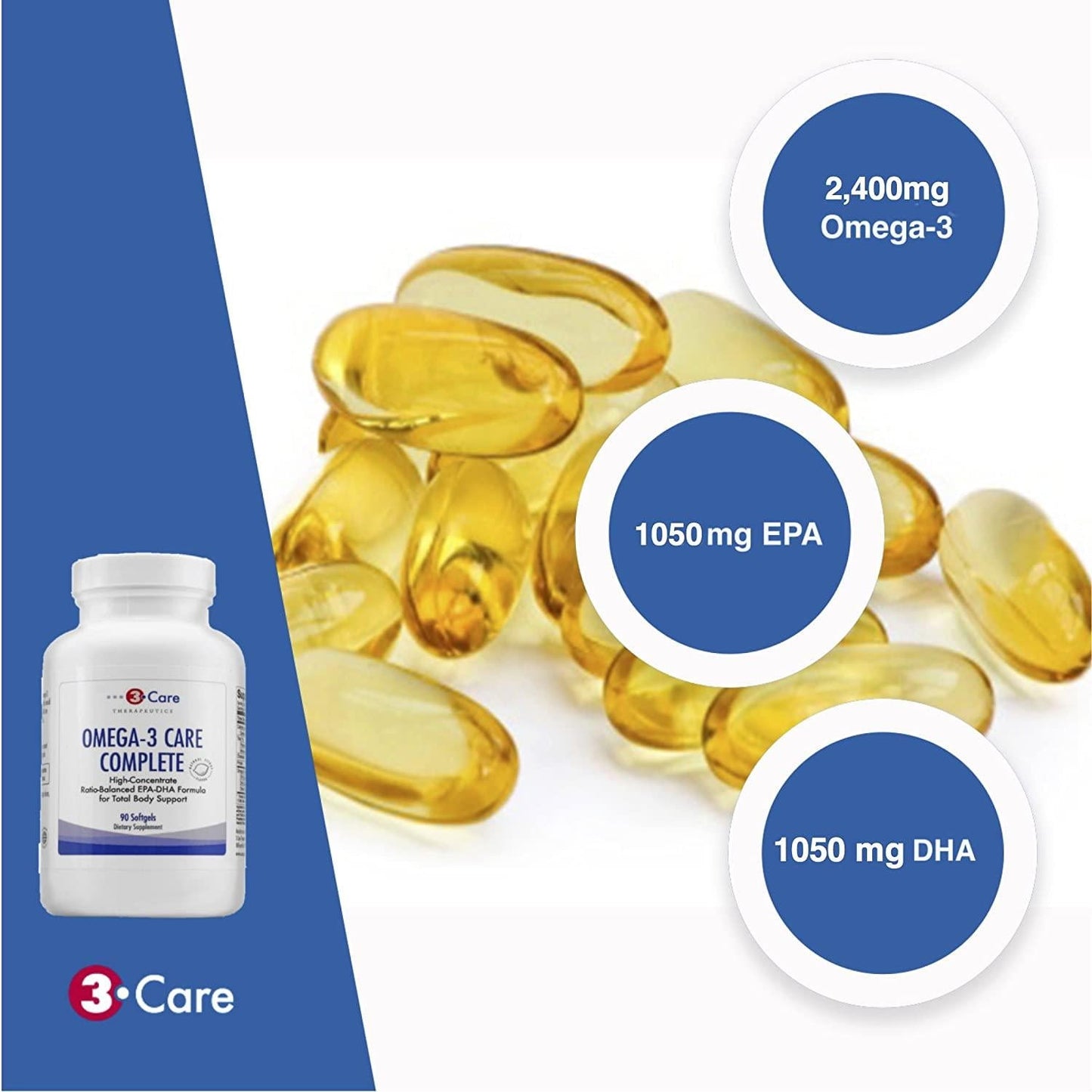 3Care Omega-3 Complete 2,400mg, [Balanced 1:1 EPA and DHA] Fish Oil Supplement for Total Body Health [180-Count Softgels]