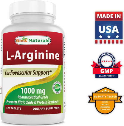 3 Pack - Best Naturals L-Arginine 1000 mg 120 Tablets - Pharmaceutical Grade L Arginine Supplement Promotes Nitric Oxide Synthesis (Total 360 Tablets)