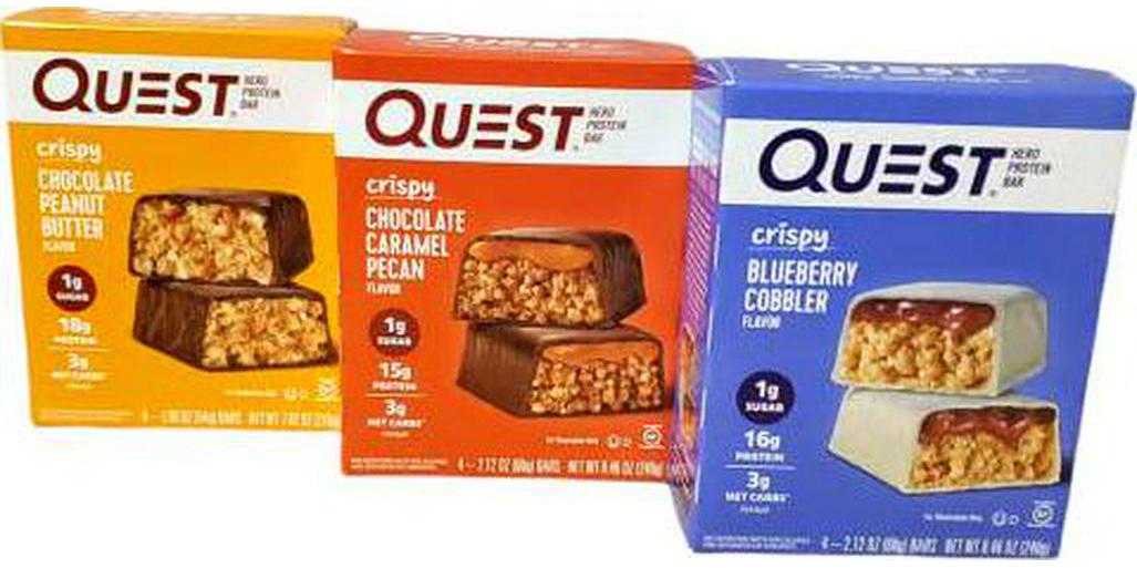 3) Pack Quest Hero Protein Bar - each pack contain 4 Bars - 1.90 oz (54g) NET WT 7.62 oz ( 216g) each. 1 Pack Crispy Chocolate Peanut butter flavor, 1 Pack Crispy Chocolate Caramel Pecan Flavor and 1 Pack Crispy Blueberry Cobbler Flavor