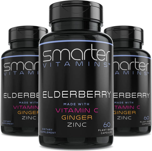 (3 Pack) Smarter Elderberry Capsules + Vitamin C + Ginger and Zinc, Herbal Supplement for Immune Support, Powerful Black Elder Berry Extract Antioxidant Vitamin, 180 Vegan Pills - Nutricity.com.au