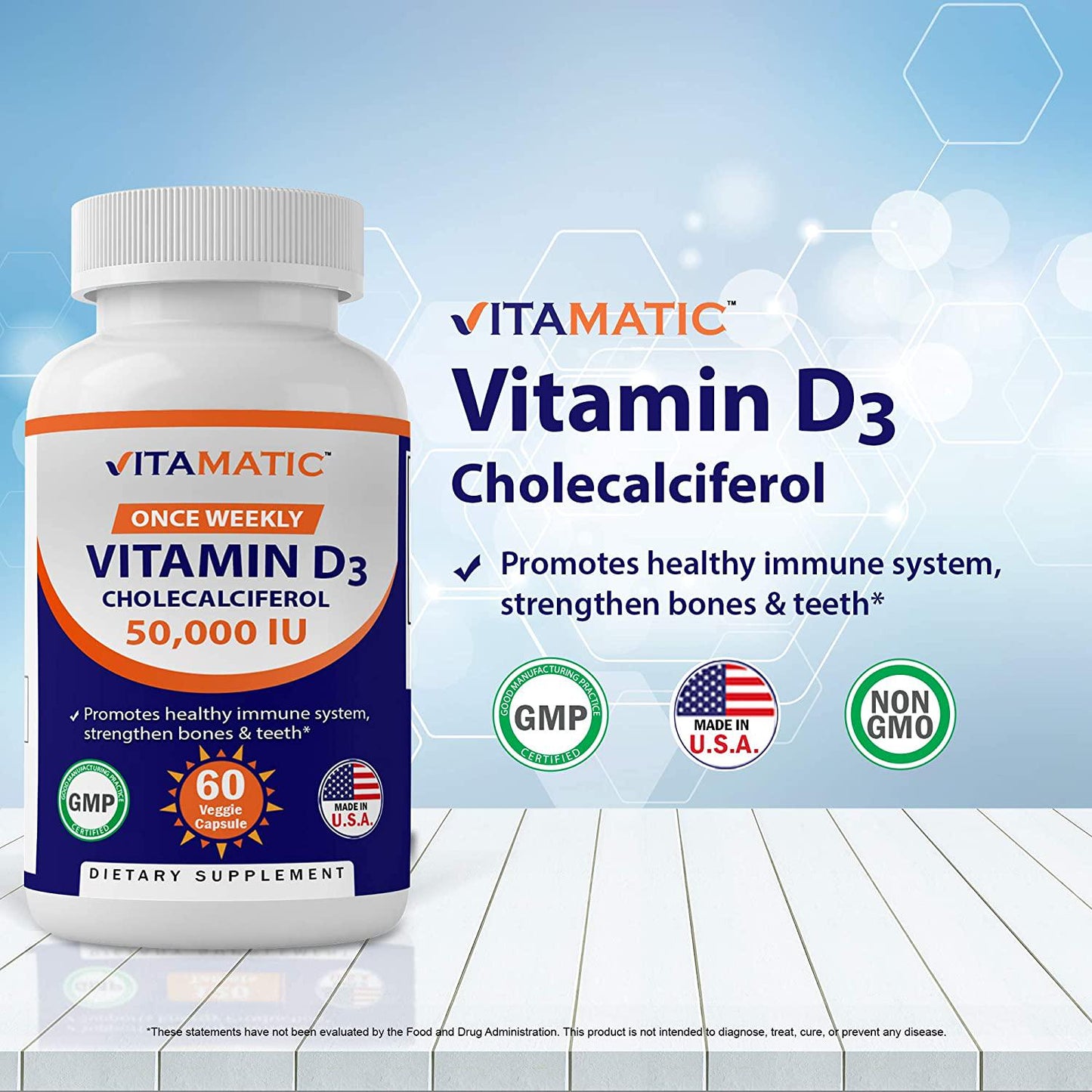 3 Pack -Vitamatic Vitamin D3 50,000 IU (as Cholecalciferol), Once Weekly Dose, 1250 mcg, 60 Veggie Capsules 1 Year Supply, Progressive Formula Helping Vitamin D Deficiencies
