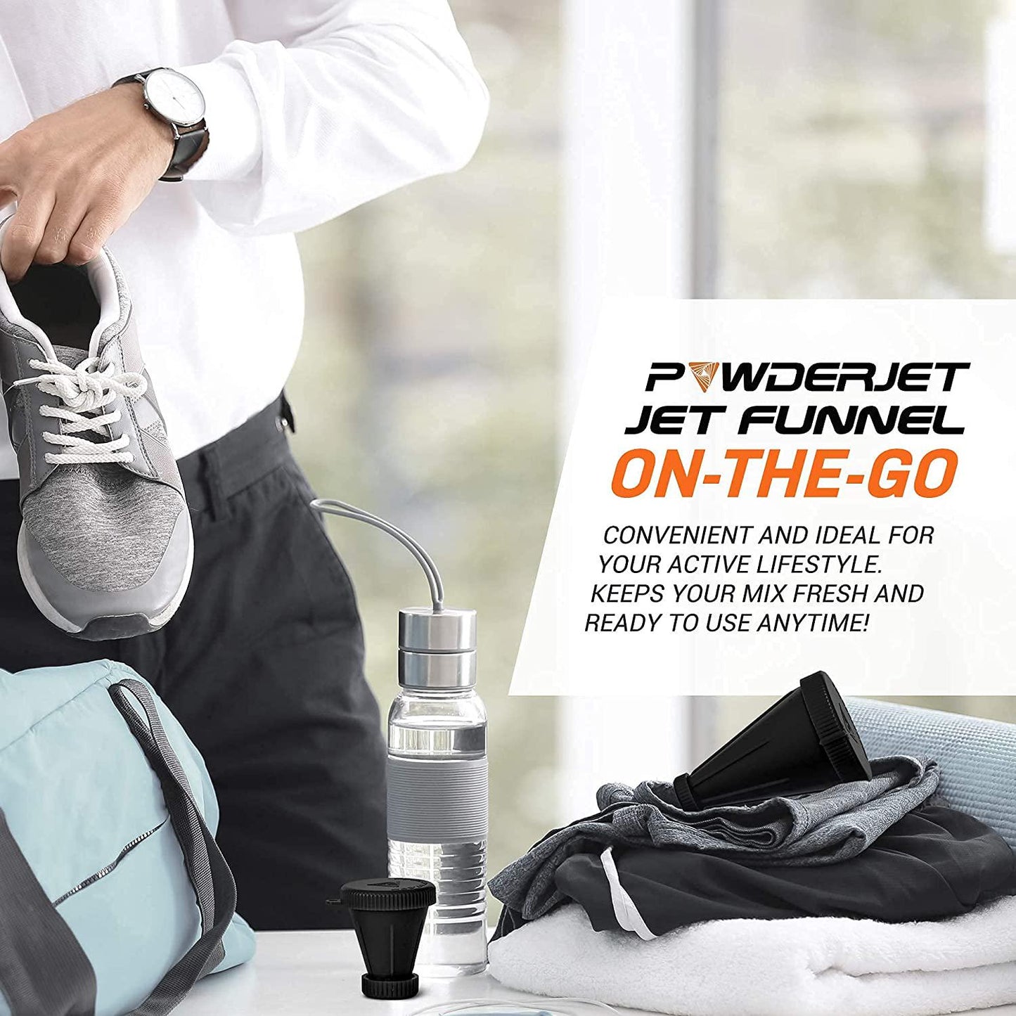 3-in-1 Protein Funnel Powder Device, Protein Powder Containers to Go, and Powder Mixer, Tight-Lock Containers for Protein Powder and Pre Workout Powder, Pack of 2, 150cc and 25cc, Black - PowderJet