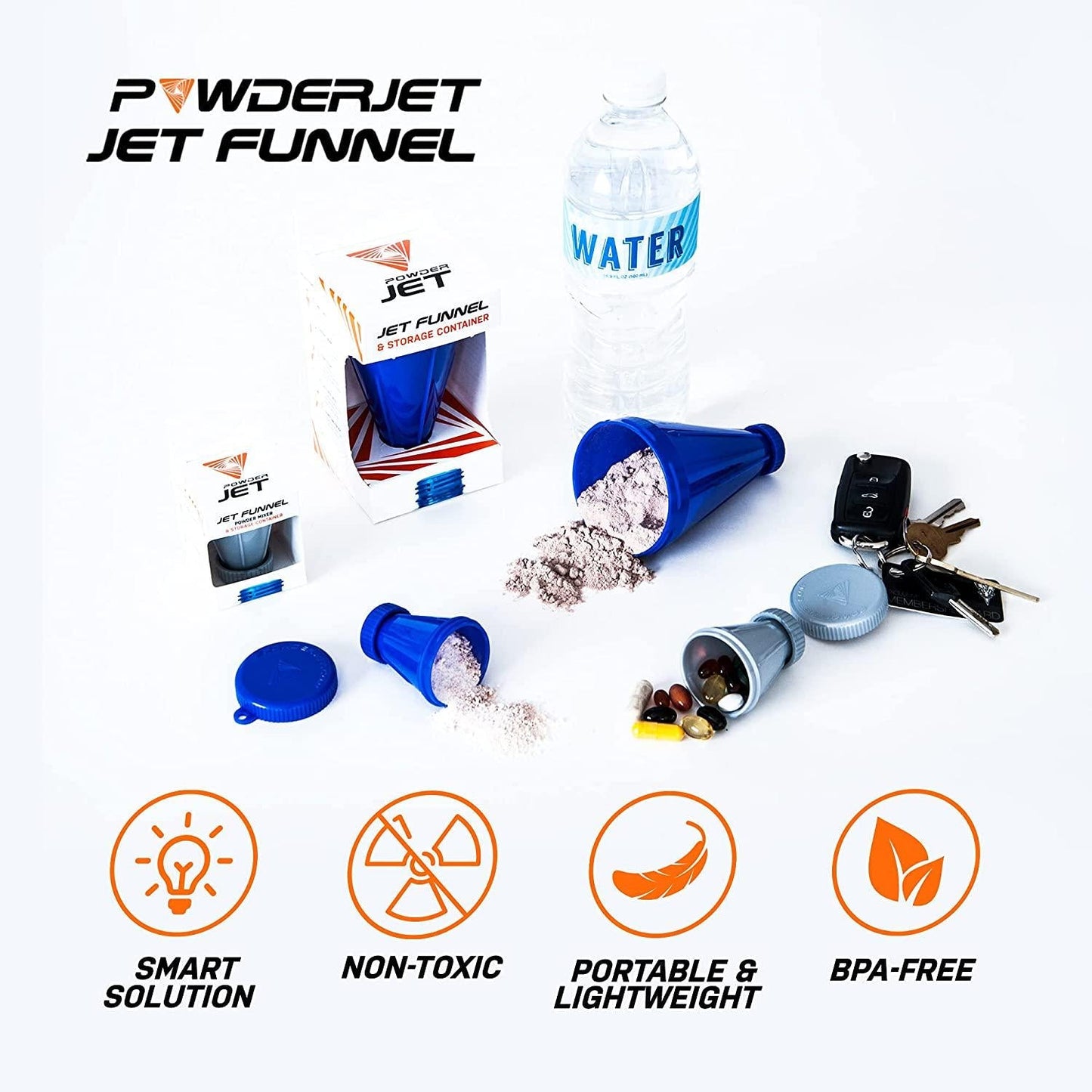 3-in-1 Protein Funnel Powder Device, Protein Powder Containers to Go, and Powder Mixer, Tight-Lock Containers for Protein Powder and Pre Workout Powder, Pack of 2, 150cc and 25cc, Black - PowderJet