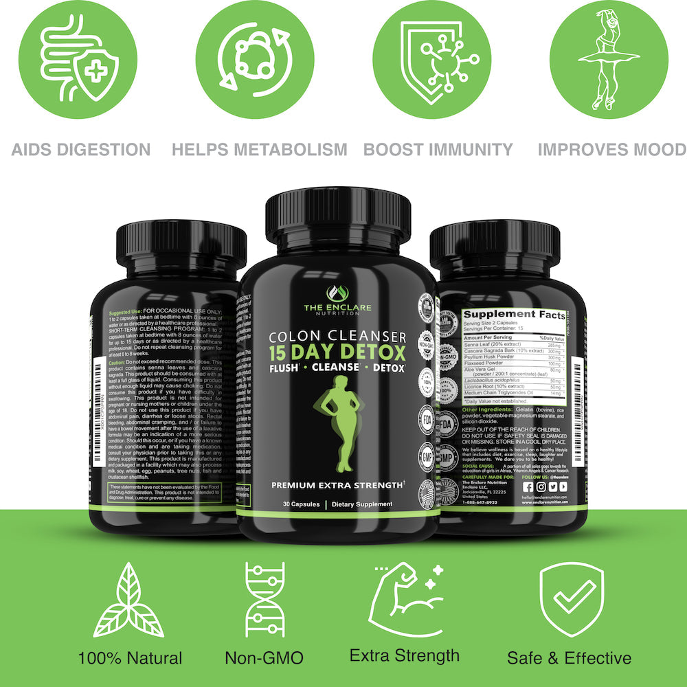 Colon Cleanse Detox for Weight Loss, Extra-Strength 15 Day Detox Colon Cleanser, 30 Ct, Increase Metabolism, Supports Gut Health, Laxatives for Constipation & Bloating Relief - the Enclare Nutrition