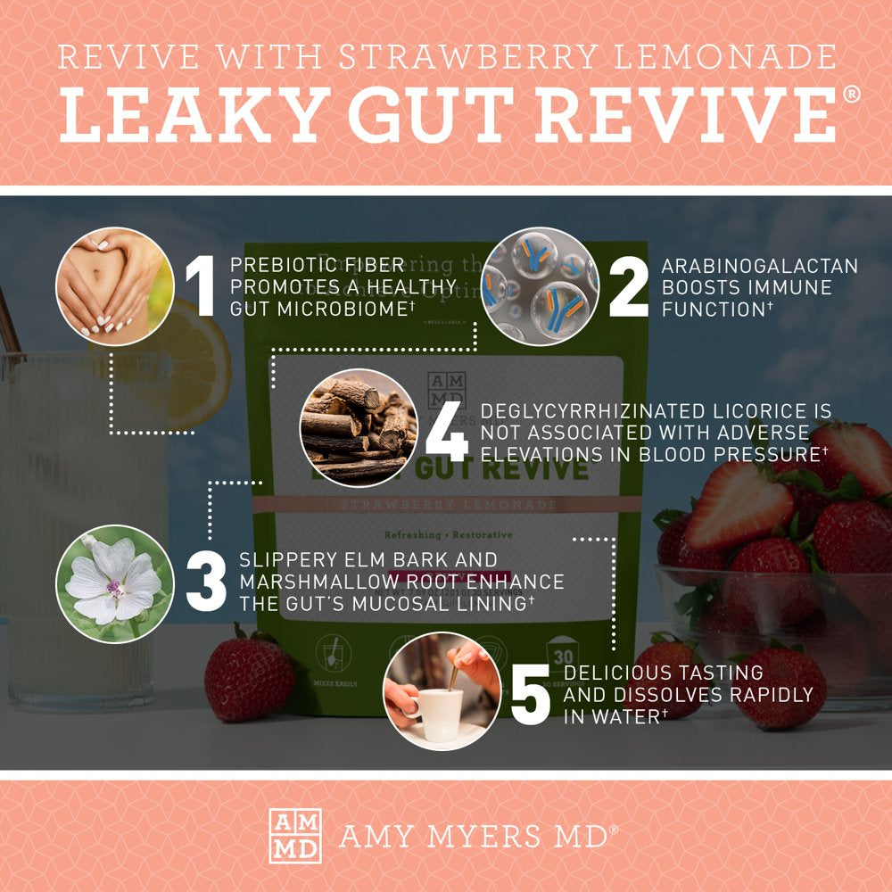 Amy Myers MD Leaky Gut Revive Powder for Gut Repair - L Glutamine, Slippery Elm - Supports Constipation, IBS, Diarrhea, Bloating, Heartburn, SIBO - Licorice & Marshmallow Root - Strawberry Lemonade