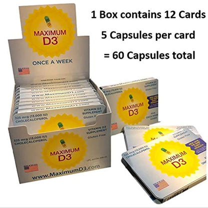 Maximum D3 13,000 IU Box, 60 Capsules Total (1 Box with 12 Cards X 5 Capsules per Card), 60-Weeks Supply