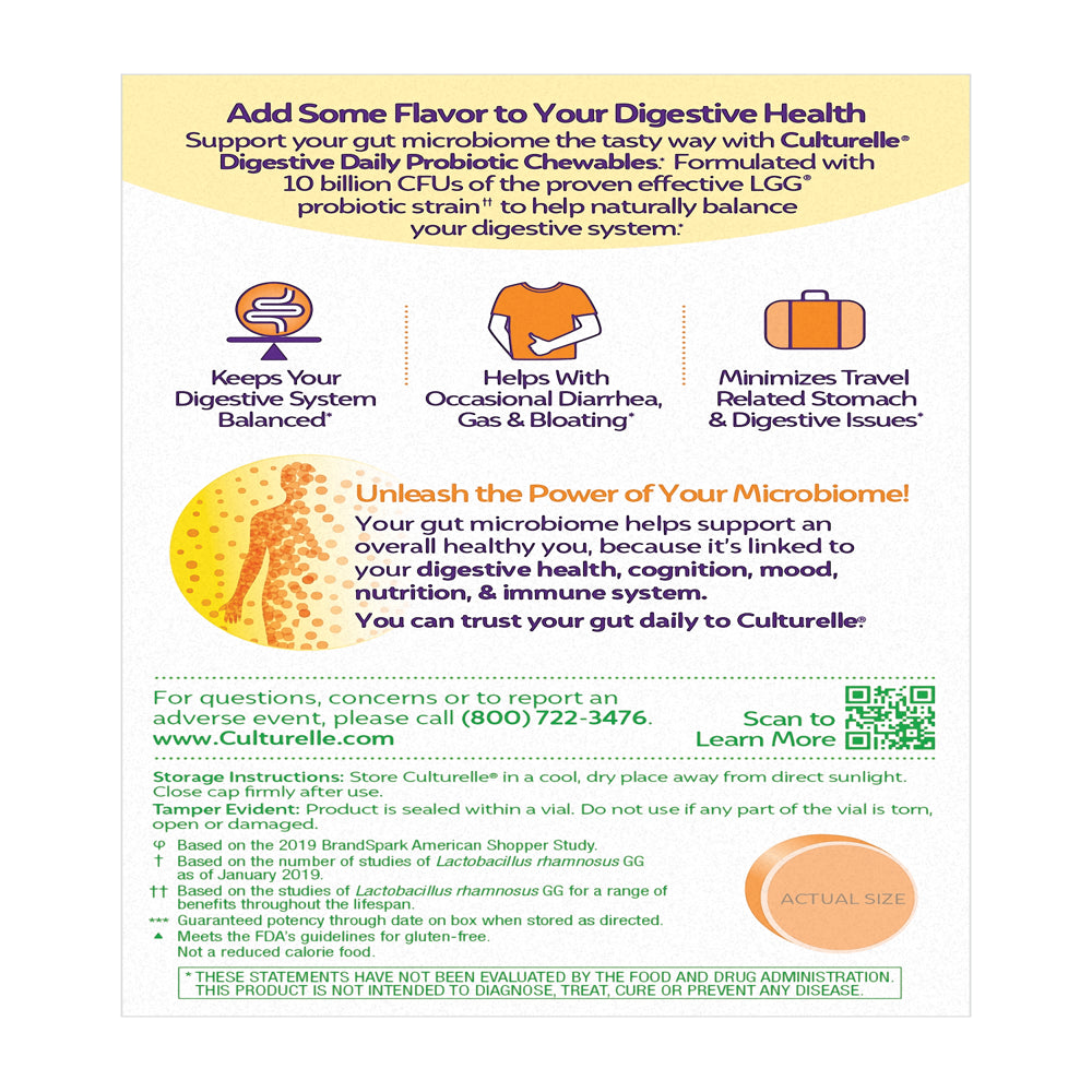 Culturelle Digestive Daily Probiotic Chewable Tablets for Digestive Health, Fresh Orange, 24 Count