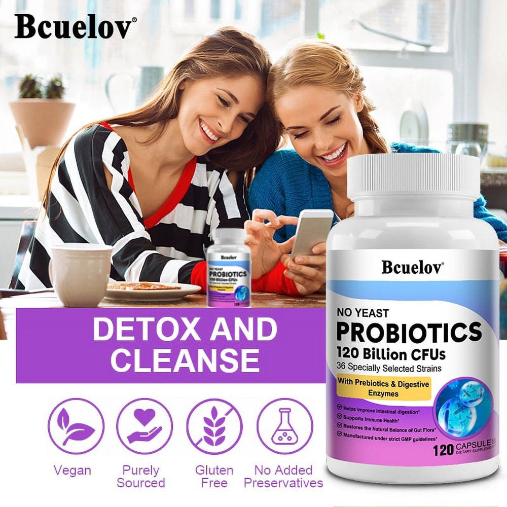 Bcuelov Probiotics 120 Billion CFU - 36 Strains with Prebiotics & Digestive Enzymes, Gut Digestive & Immune Support