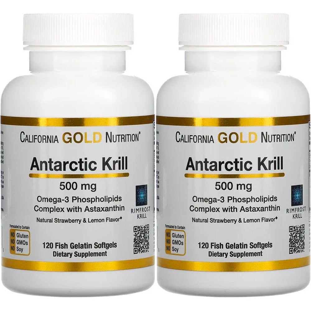 California Gold Nutrition Antarctic Krill Oil, Ultra-High Omega-3 with Astaxanthin, Natural Strawberry & Lemon Flavor, Non GMO, Gluten Free, 500 Mg, 120 Fish Gelatin Softgels, 2 Pack