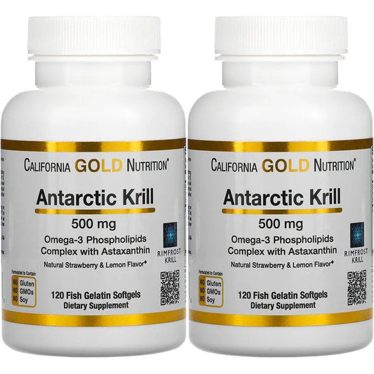 California Gold Nutrition Antarctic Krill Oil, Ultra-High Omega-3 with Astaxanthin, Natural Strawberry & Lemon Flavor, Non GMO, Gluten Free, 500 Mg, 120 Fish Gelatin Softgels, 2 Pack