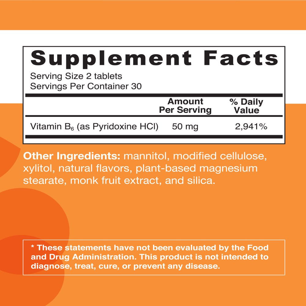 EZ Melts Vitamin B6 Supports Cell Membrane Health, 500 Mg 60 Tablets, Orange Flavored, Vegan Dietary Supplements, Dissolvable and Fast Melting