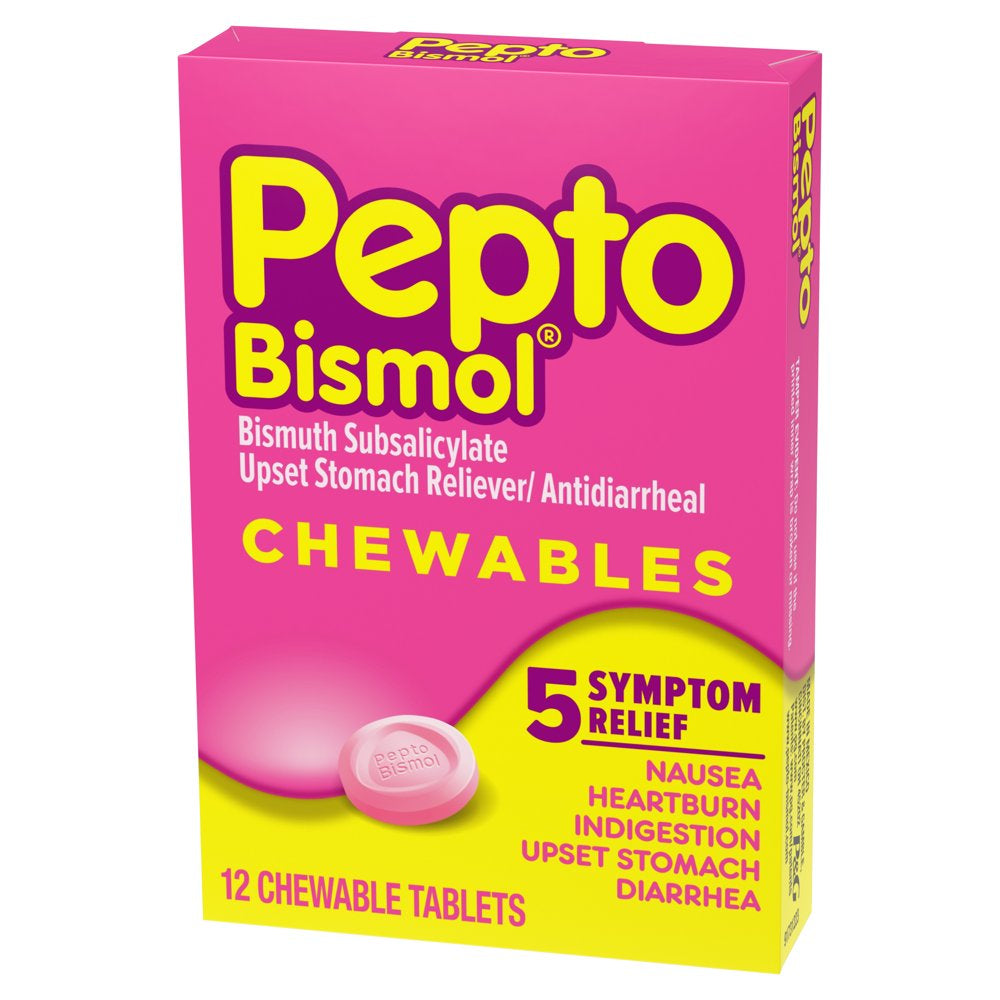 Pepto Bismol Chewable Tablets for Upset Stomach & Diarrhea Relief, Over-The-Counter Medicine, 12 Ct