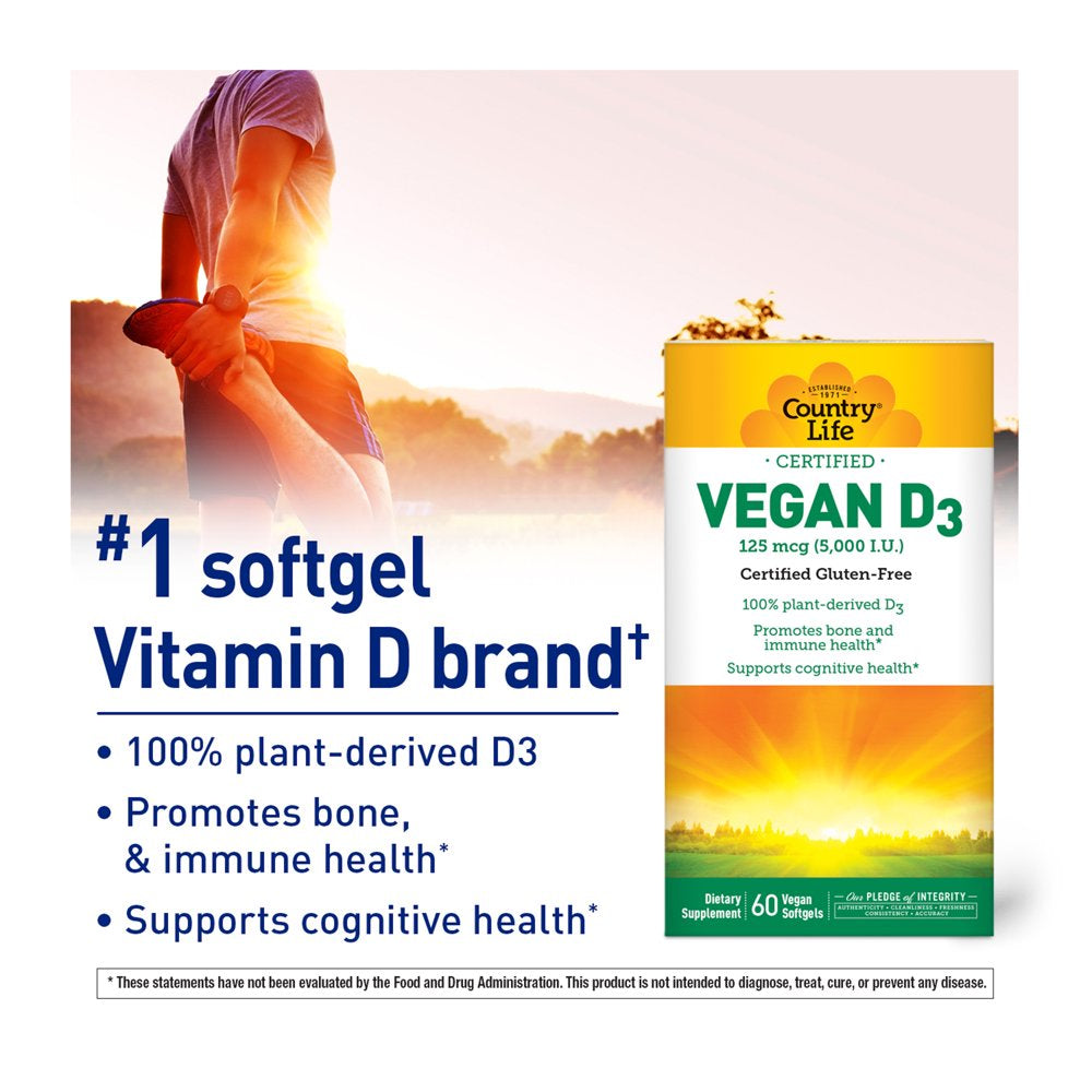 Country Life Vegan D3 5000 IU, 60 Softgels, Certified Gluten Free, Certified Vegan