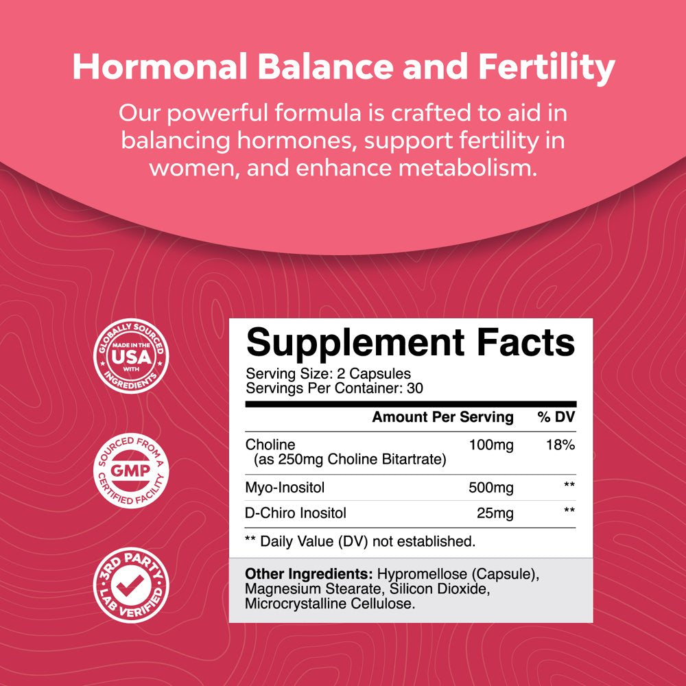 Myo-Inositol & D-Chiro Inositol Capsules - Choline Inositol Supplement for Cycle and Fertility Support - Womens Hormone Balance Supplement with Myo & D-Chiro Inositol plus Choline Bitartrate