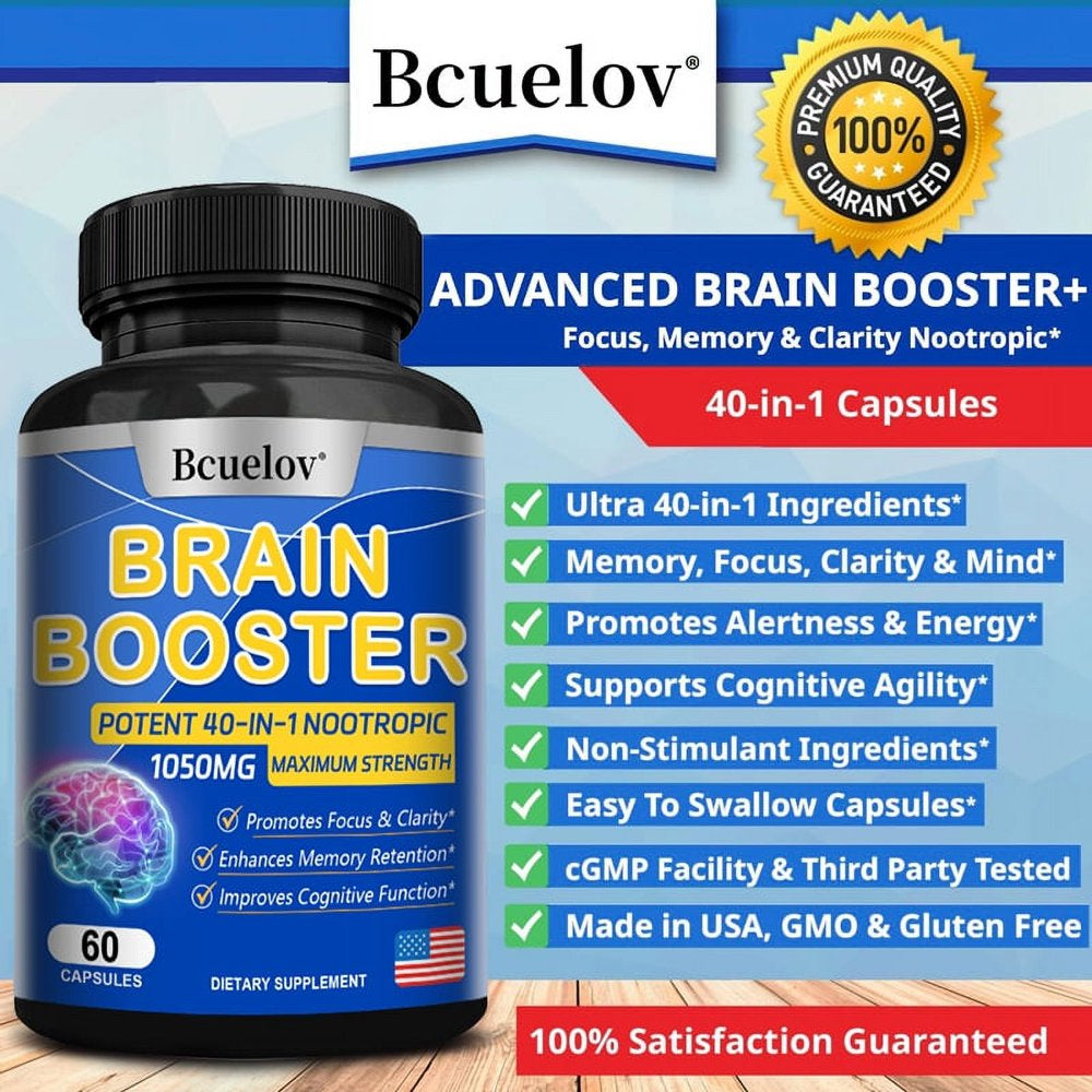 Bcuelov 40 in 1 Brain Supplement Capsules, Advanced Vitamins for Men and Women, Nootropic Support for Cognitive Function, Brain Health Formula