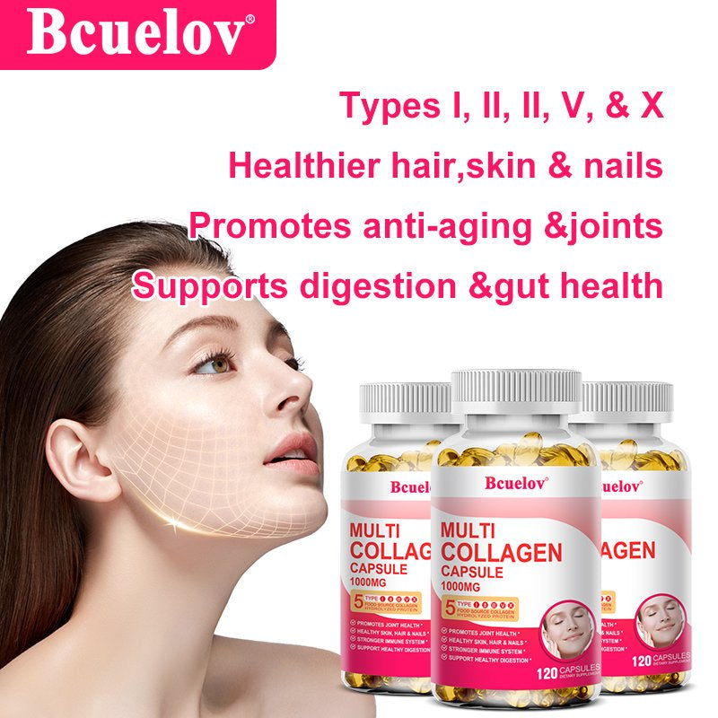 Bcuelov Collagen Complex Types I, II, III, V & X - Contains Pure Hydrolyzed Marine Collagen Peptides - for Skin, Nails, Hair, Gut, Joint Health