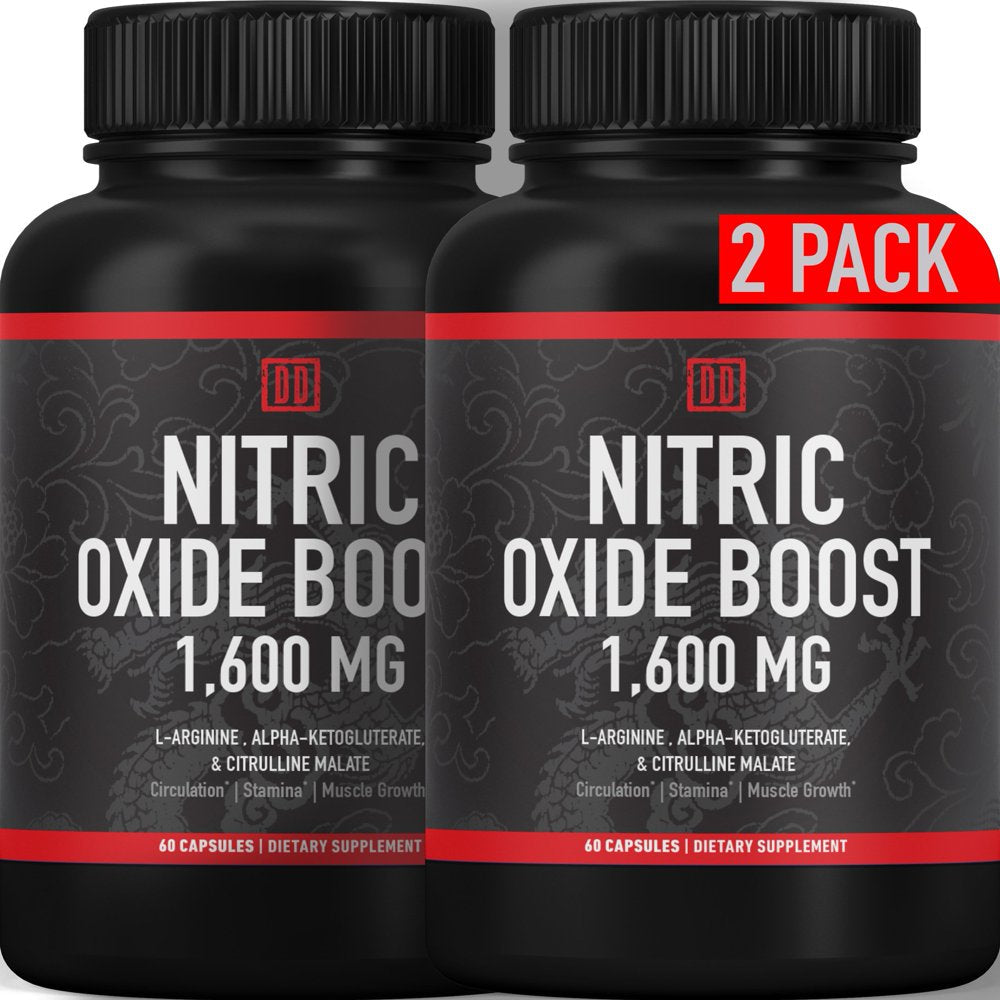 Nitric Oxide Booster Supplement - 1600Mg Extra Strength L-Arginine, Citrulline Malate, and Alpha-Ketoglutarate for Muscle Growth, Vascularity & Energy - Double Dragon Organics 2 Bottles (120 Caps)