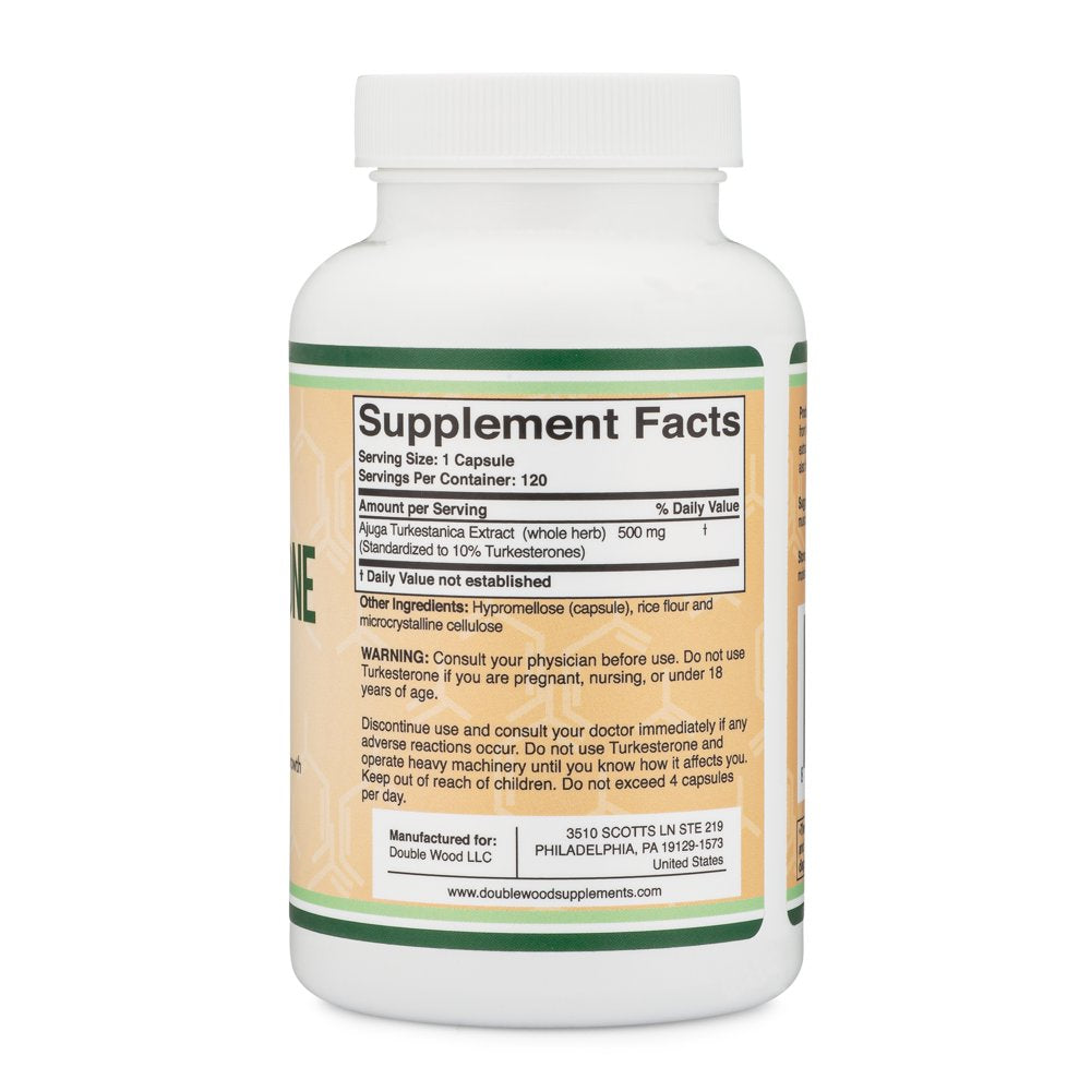 Turkesterone Supplement 500Mg, 120 Capsules (Ajuga Turkestanica Extract Std. to 10% Turkesterone) Similar to Ecdysterone for Testosterone Support by Double Wood Supplements